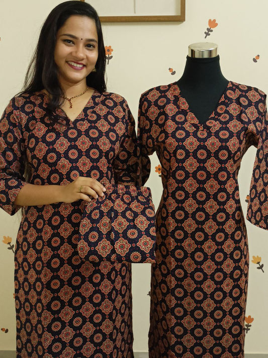 SC2689 - Ajrakh cotton co-ord sets, kurti and bottom, Indigo blue shade
