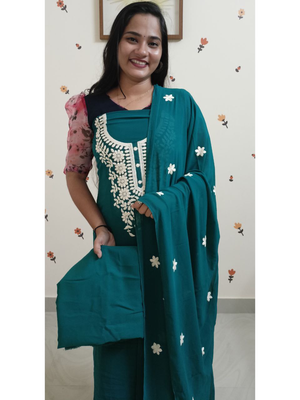 SC2698 - Chikankari inspired thread embroidered Premium Georgette Salwar materials, Teal blue shade