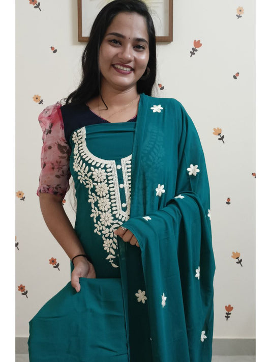 SC2698 - Chikankari inspired thread embroidered Premium Georgette Salwar materials, Teal blue shade