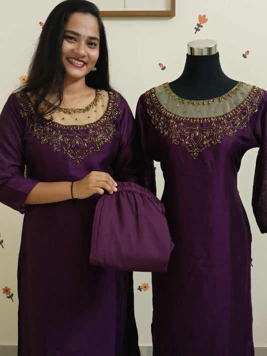 SC2699 - Premium Transparent neck Ethnic kurti set, Dark Purple Violet shade