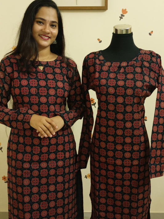 SC2703 - Ajrakh printed Full/Chudi sleeve kurtis, Indigo blue shade