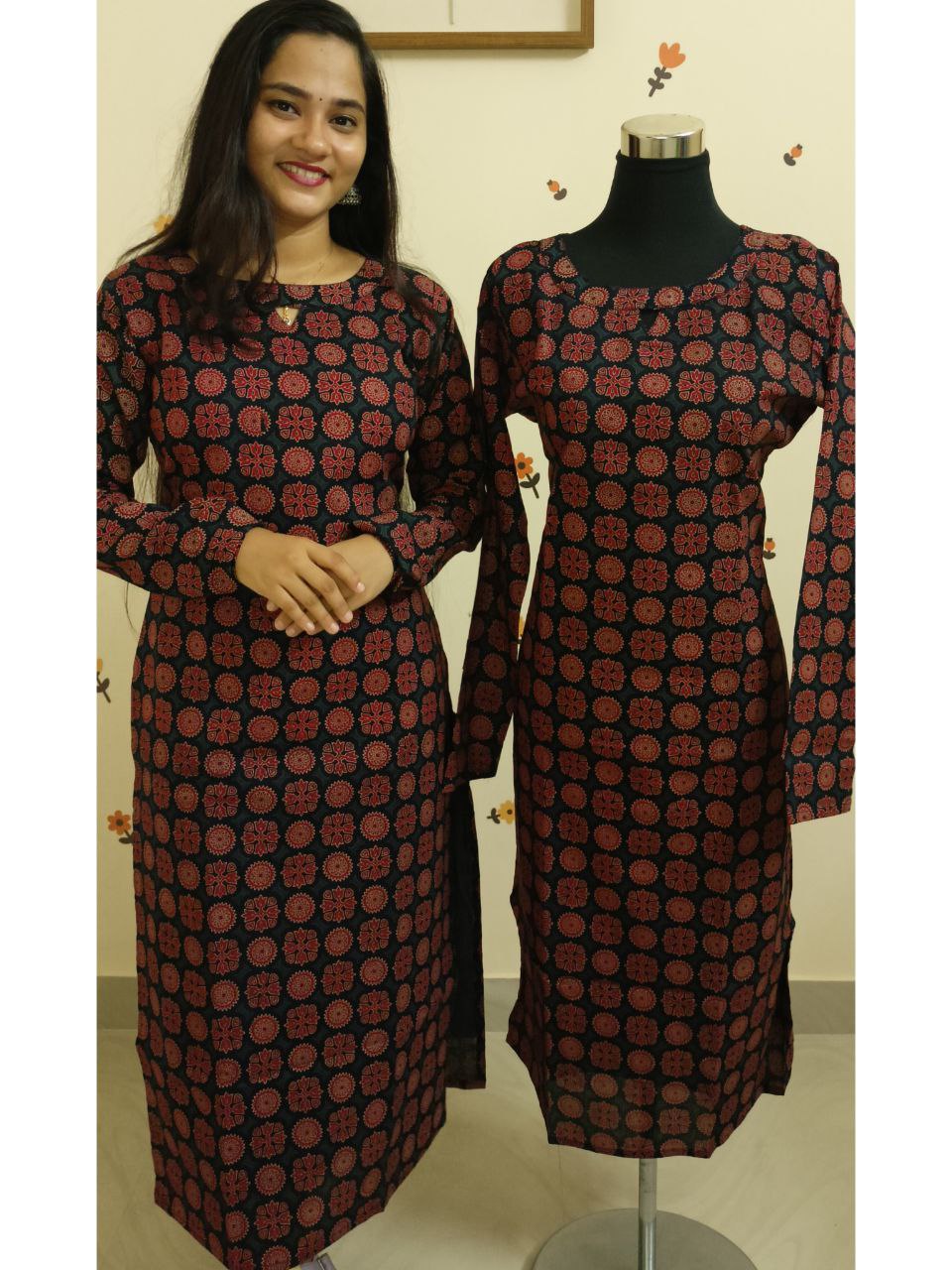 SC2703 - Ajrakh printed Full/Chudi sleeve kurtis, Indigo blue shade