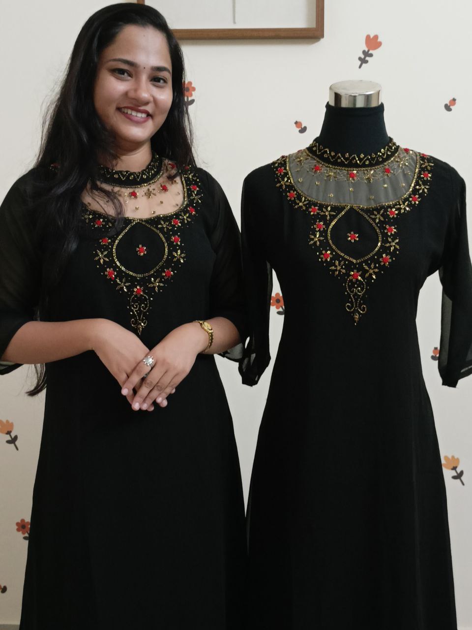 SC2720 - Jewel neck Aline kurtis, Black shade