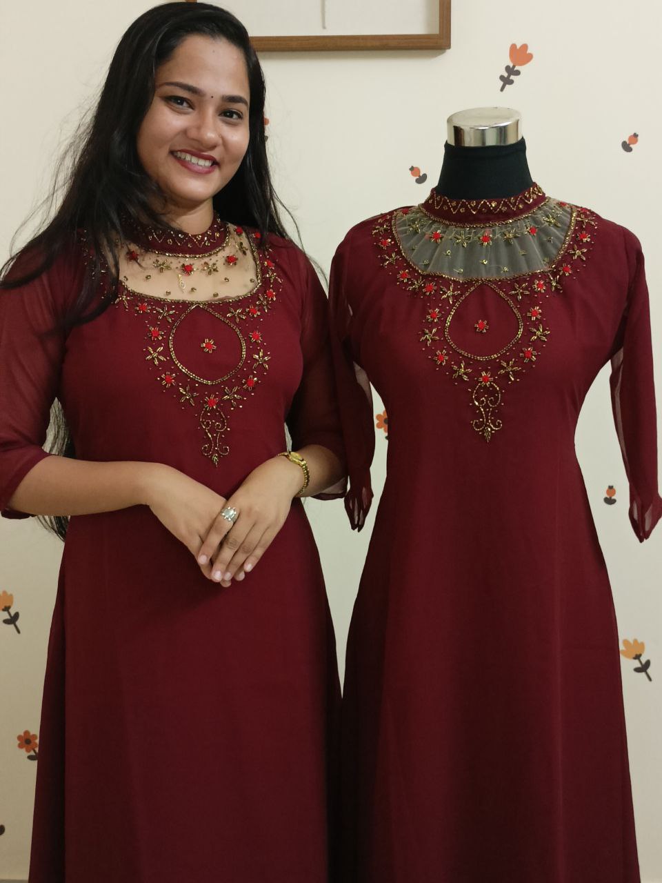 SC2732 - Jewel neck Aline kurtis, Reddish maroon shade
