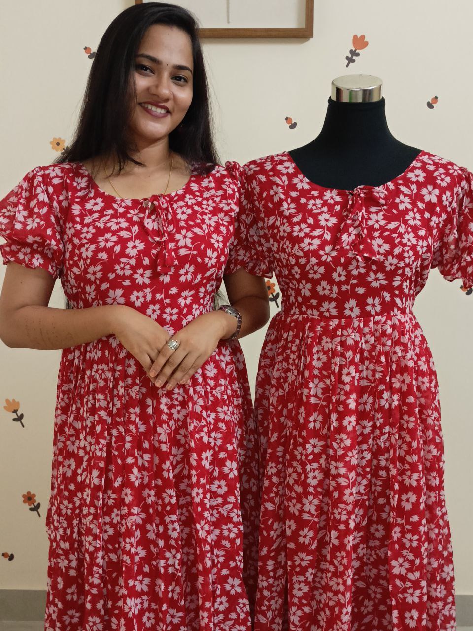 SC2742 - Christmas special printed Georgette frock dress with puff sleeves, Red shade