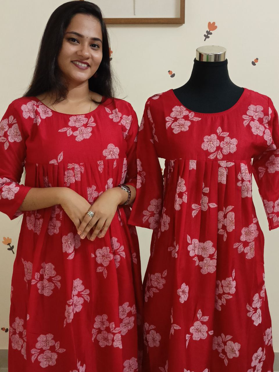 SC2746 - Christmas special Vichitra silk Front Pleated Aline dress, Red colour