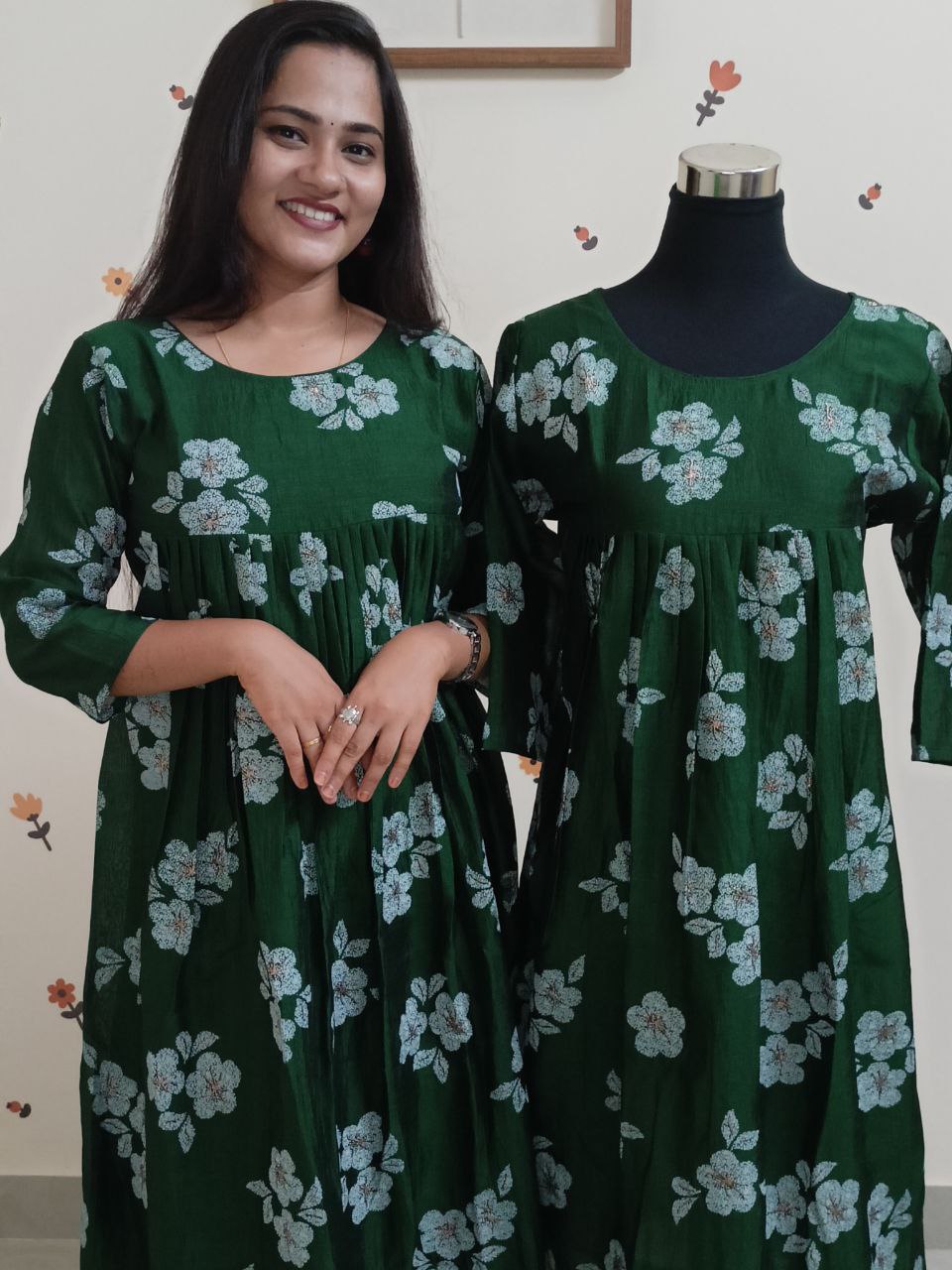 SC2750 - Christmas special Vichitra silk Front Pleated Aline dress, Green colour