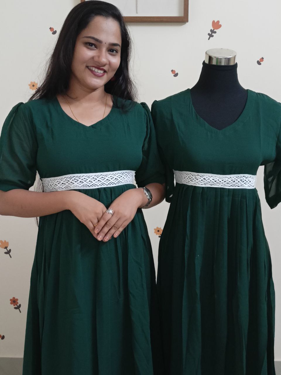 SC2766 - Georgette frock dress with puff sleeves and crochet lace detailing,  Green colour