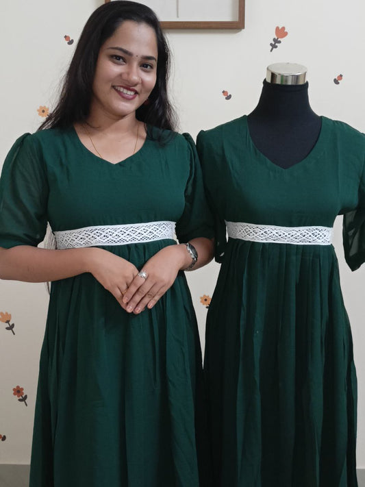 SC2766 - Georgette frock dress with puff sleeves and crochet lace detailing,  Green colour