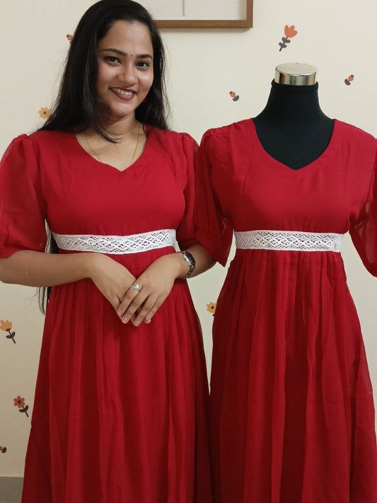 SC2762 - Georgette frock dress with puff sleeves and crochet lace detailing,  Red colour