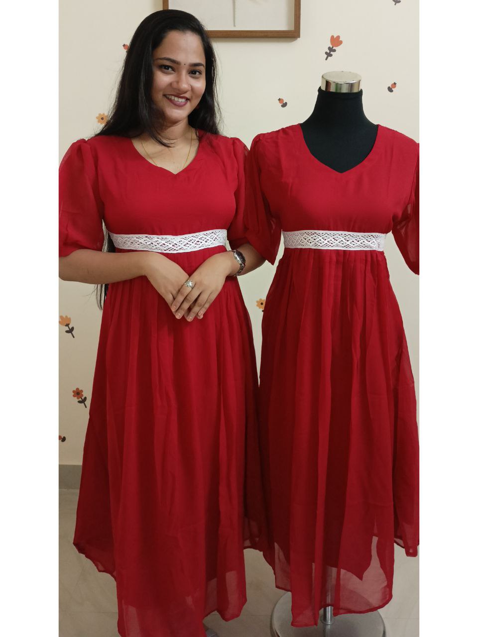 SC2762 - Georgette frock dress with puff sleeves and crochet lace detailing,  Red colour