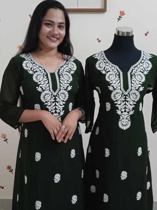 SC2774 - Chikankari inspired embroidered Aline Georgette kurtis, Olive green shade