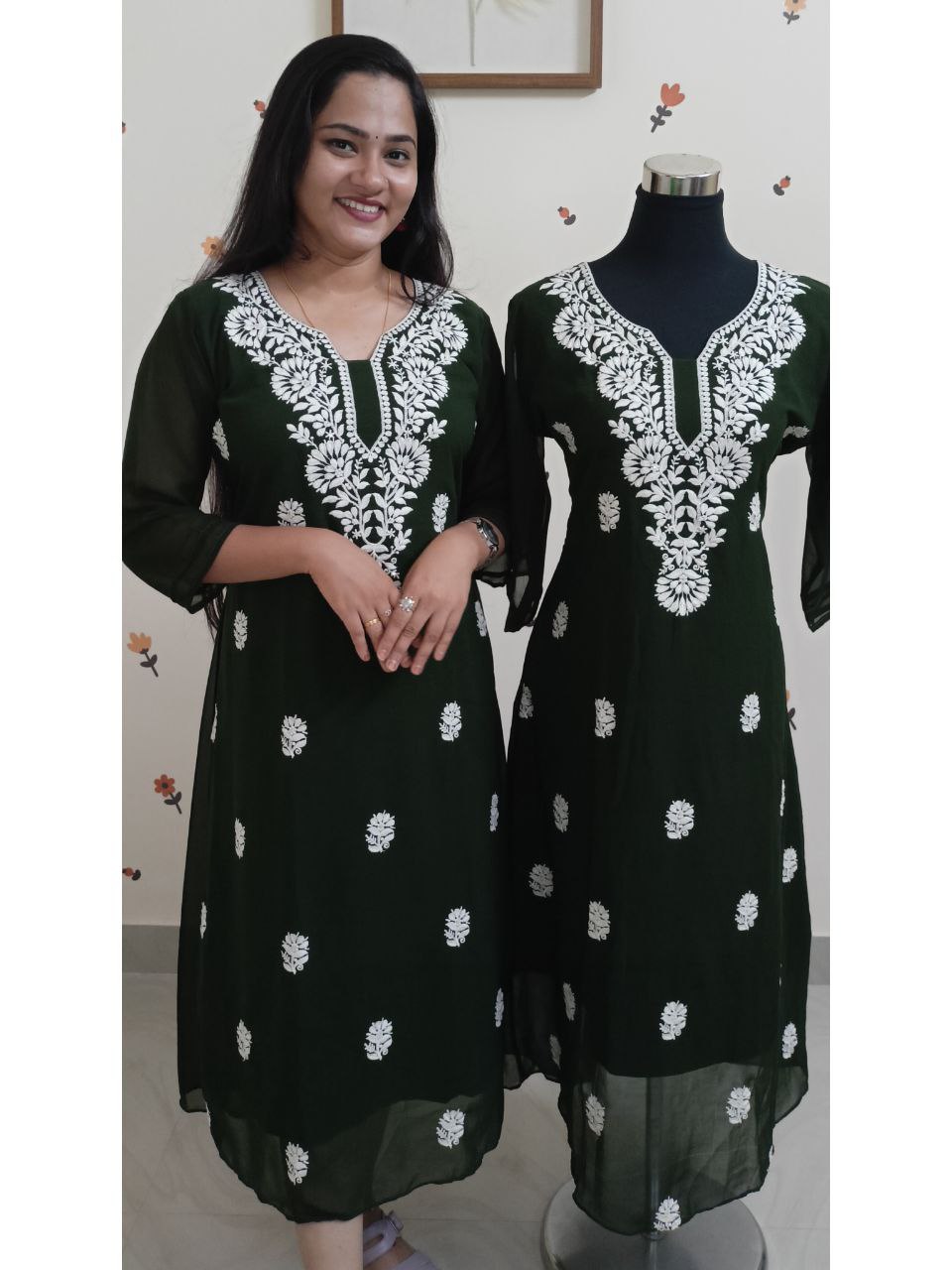SC2774 - Chikankari inspired embroidered Aline Georgette kurtis, Olive green shade