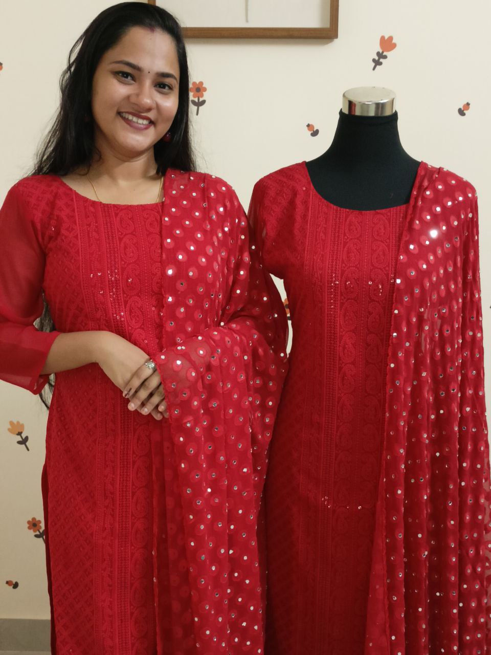 SC2790 - Christmas special Fully Stitched Schiffli embroidered 3 piece salwar sets with crepe bottom and brasso dupatta, Red shade