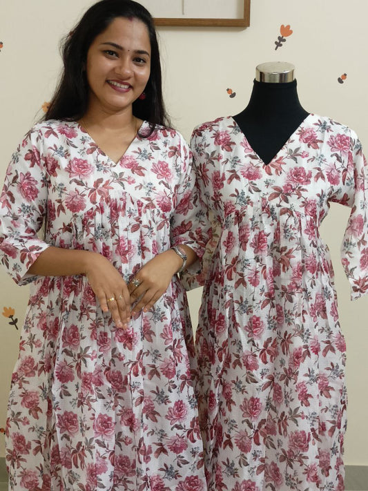 SC2798 - Net kota Aliya cut kurtis, Purple and pink floral prints