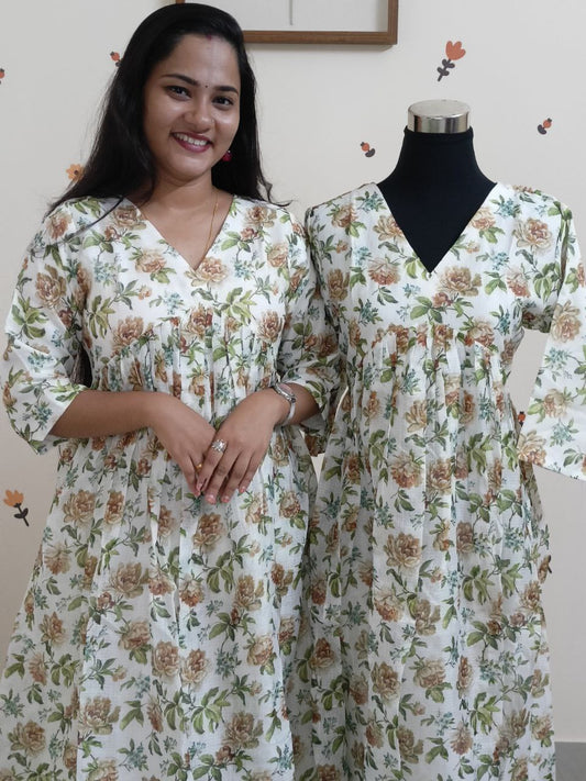 SC2802 - Net kota Aliya cut kurtis, Green and mud prints