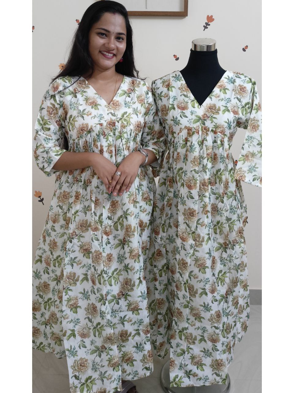 SC2802 - Net kota Aliya cut kurtis, Green and mud prints