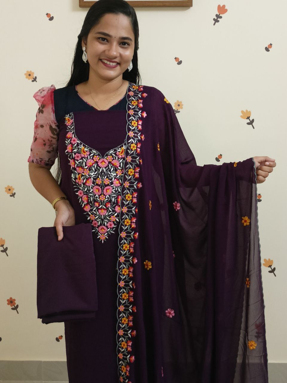 SC2865 - Multicolour Thread embroidered Party wear Georgette Unstitched Salwar materials, Grape wine shade