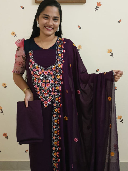 SC2865 - Multicolour Thread embroidered Party wear Georgette Unstitched Salwar materials, Grape wine shade