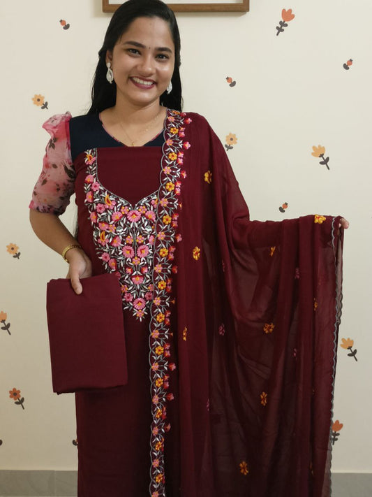 SC2866 - Multicolour Thread embroidered Party wear Georgette Unstitched Salwar materials, Deep Maroon shade
