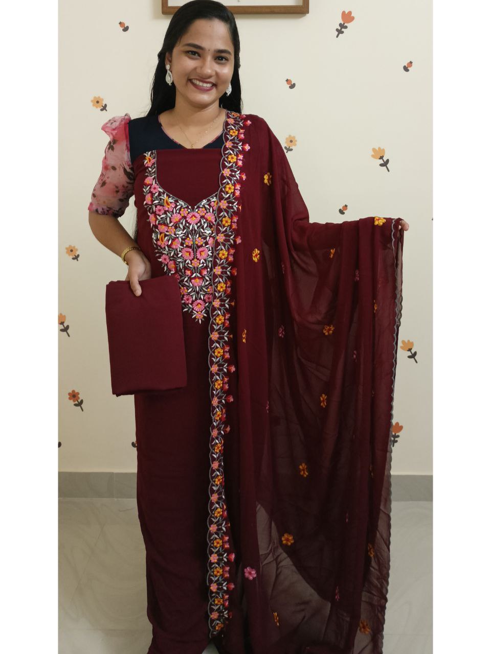 SC2866 - Multicolour Thread embroidered Party wear Georgette Unstitched Salwar materials, Deep Maroon shade