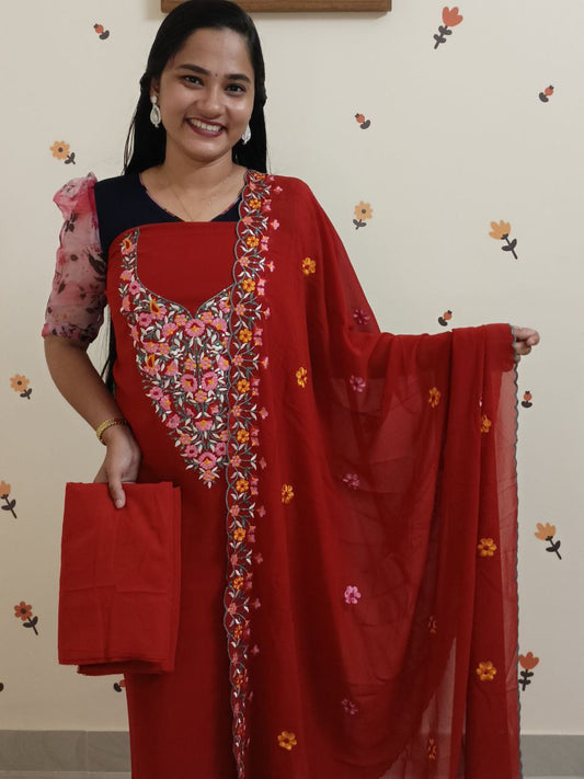SC2868 - Multicolour Thread embroidered Party wear Georgette Unstitched Salwar materials, Rust orange shade
