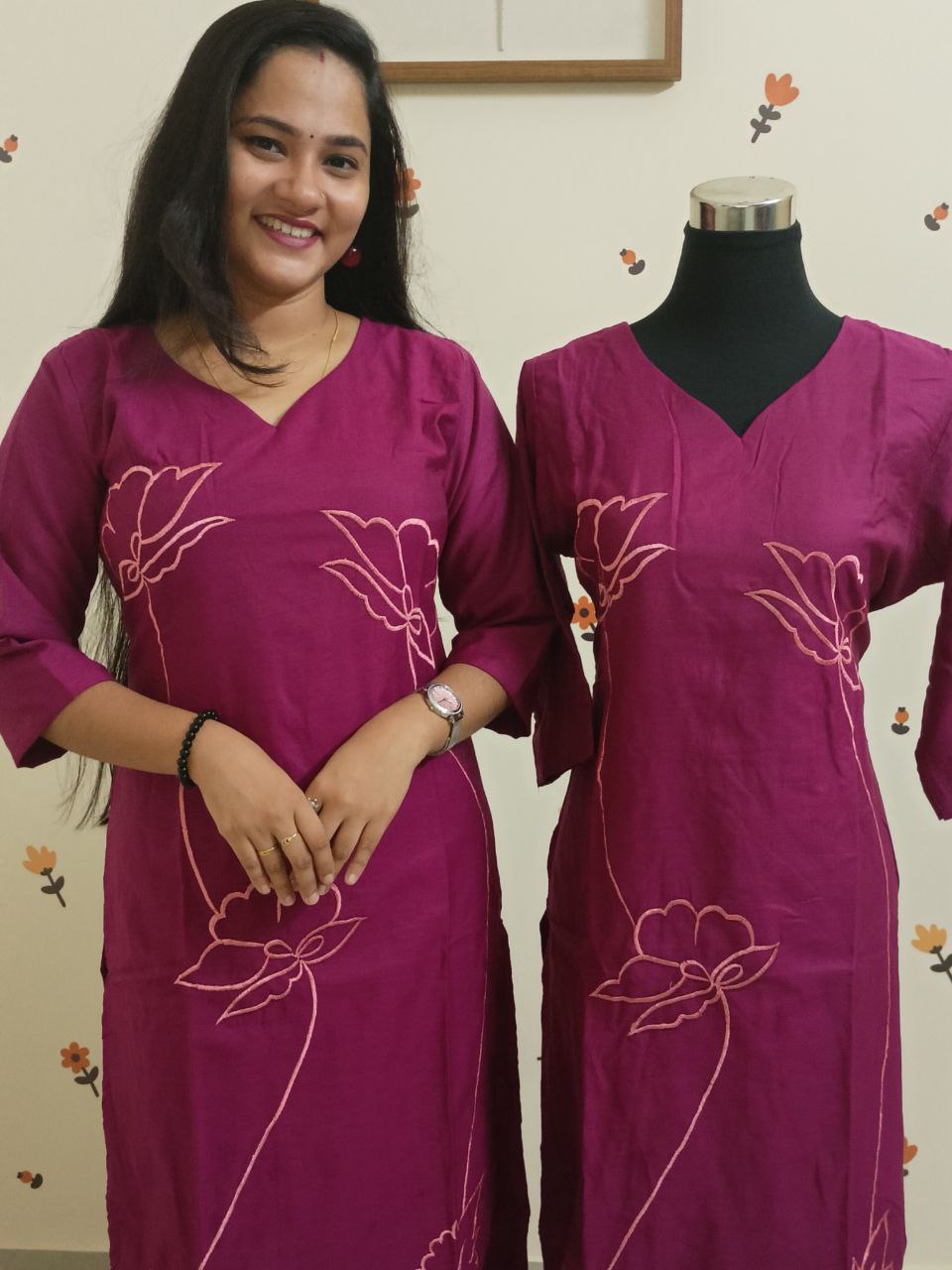 SC2869 - Super comfy and ultrasoft Mulcotton Lotus embroidered Kurtis, Beetroot Pink shade