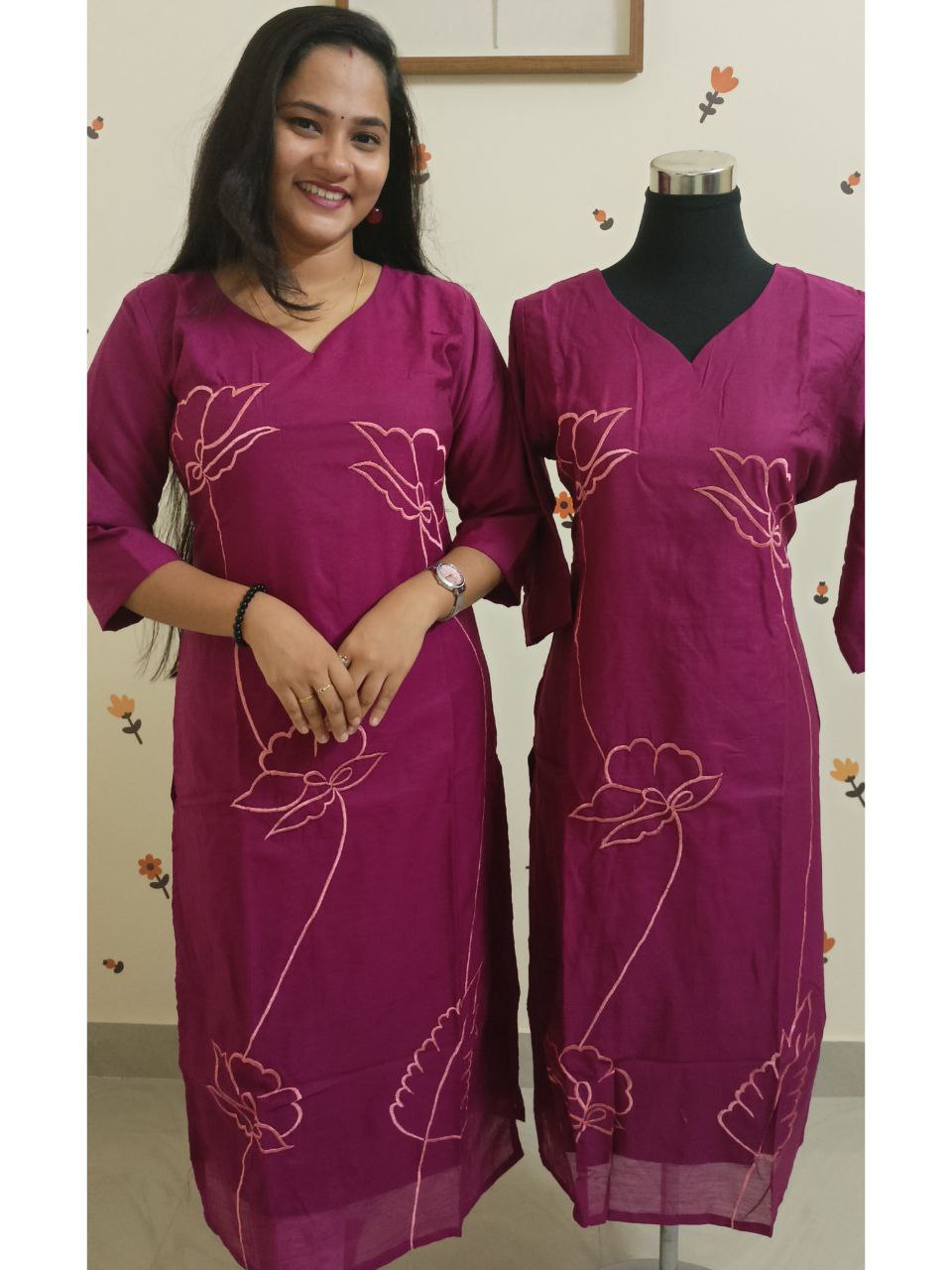 SC2869 - Super comfy and ultrasoft Mulcotton Lotus embroidered Kurtis, Beetroot Pink shade