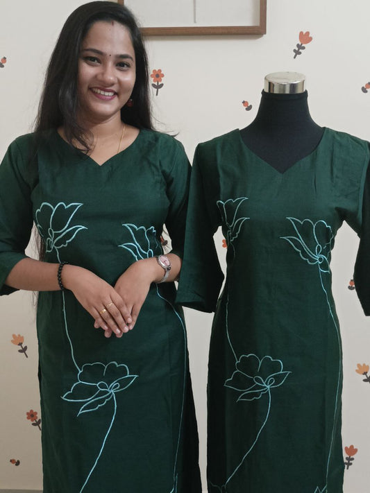 SC2873 - Super comfy and ultrasoft Mulcotton Lotus embroidered Kurtis, Bottle Green shade
