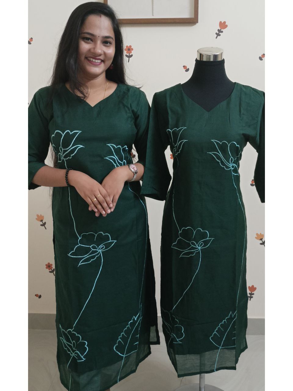 SC2873 - Super comfy and ultrasoft Mulcotton Lotus embroidered Kurtis, Bottle Green shade