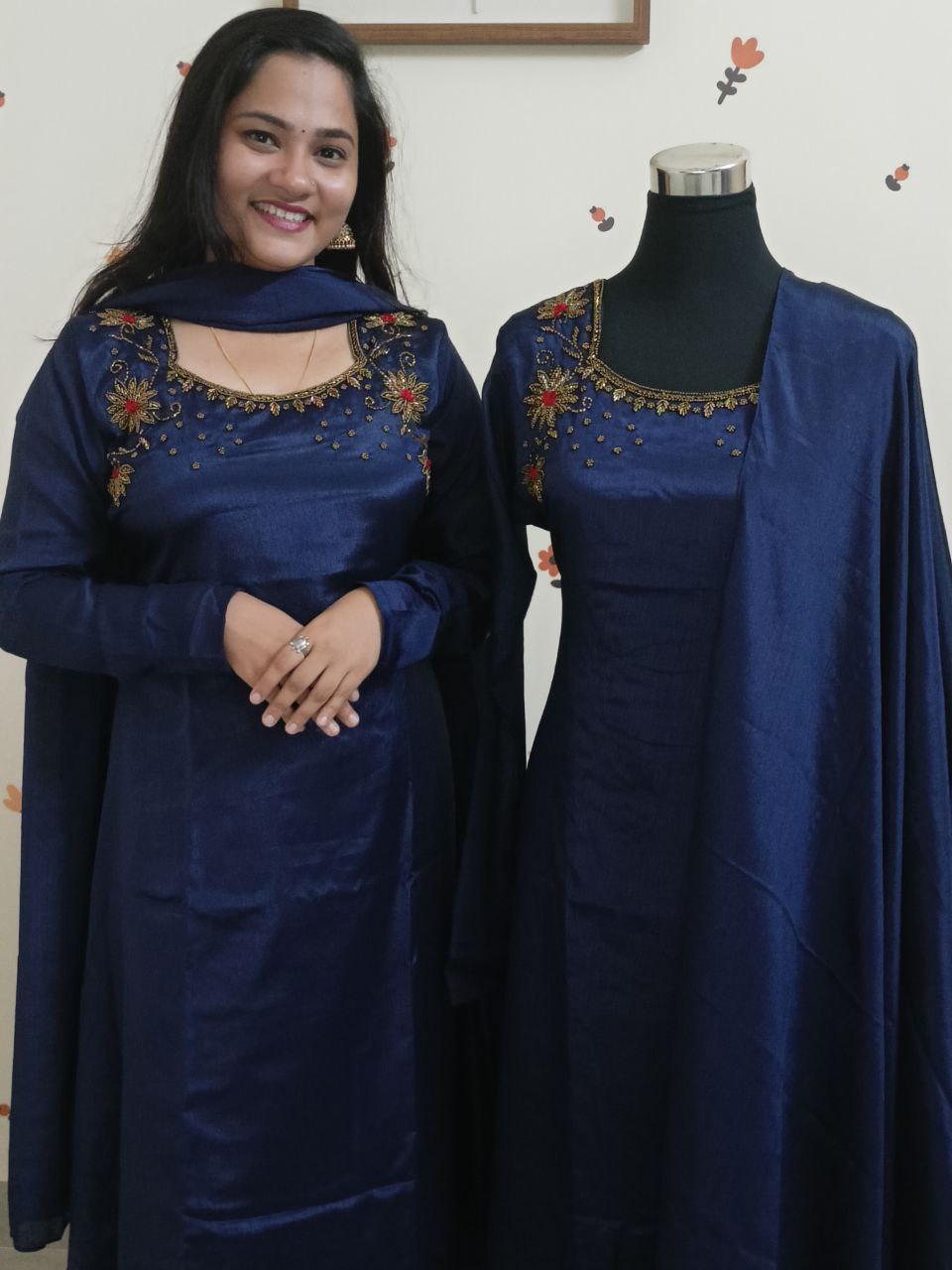 SC2907 - Pure chinnon partywear kurti with dupatta set, Midnight blue colour