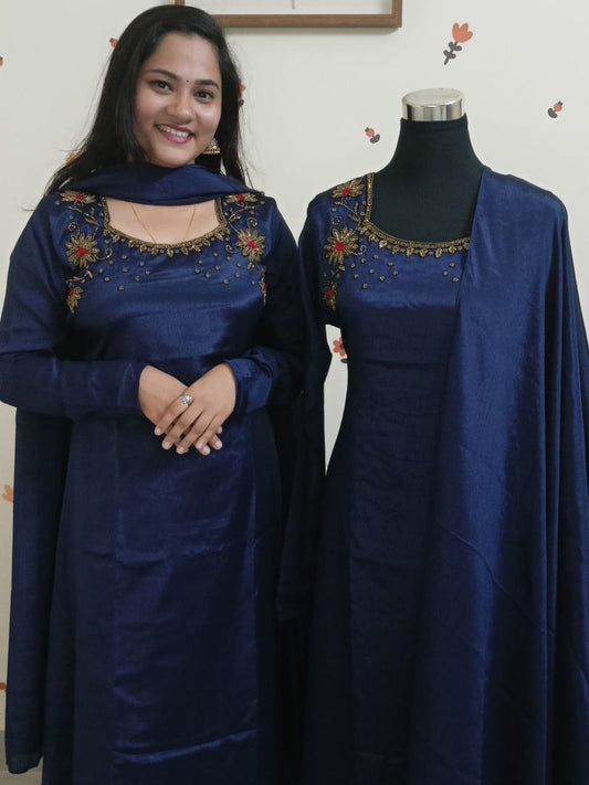 SC2907 - Pure chinnon partywear kurti with dupatta set, Midnight blue colour