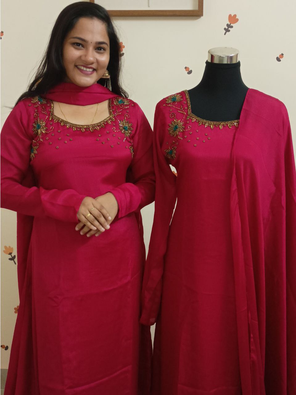 SC2911 - Pure chinnon partywear kurti with dupatta set, Rani pink colour