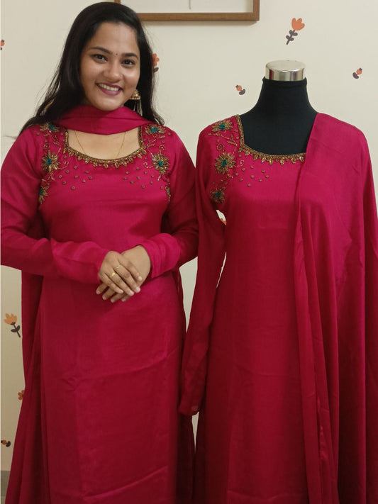 SC2911 - Pure chinnon partywear kurti with dupatta set, Rani pink colour