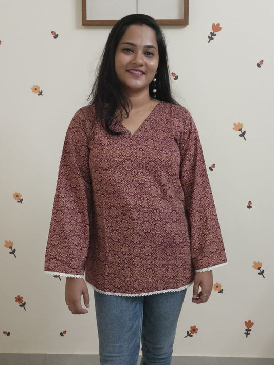 SC2985 - Trending Pakistani sleeves short kurtis, Deep Maroon shade