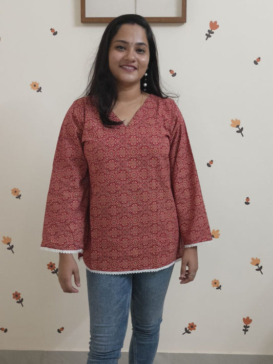 SC2980 - Trending Pakistani sleeves short kurtis, Red shade