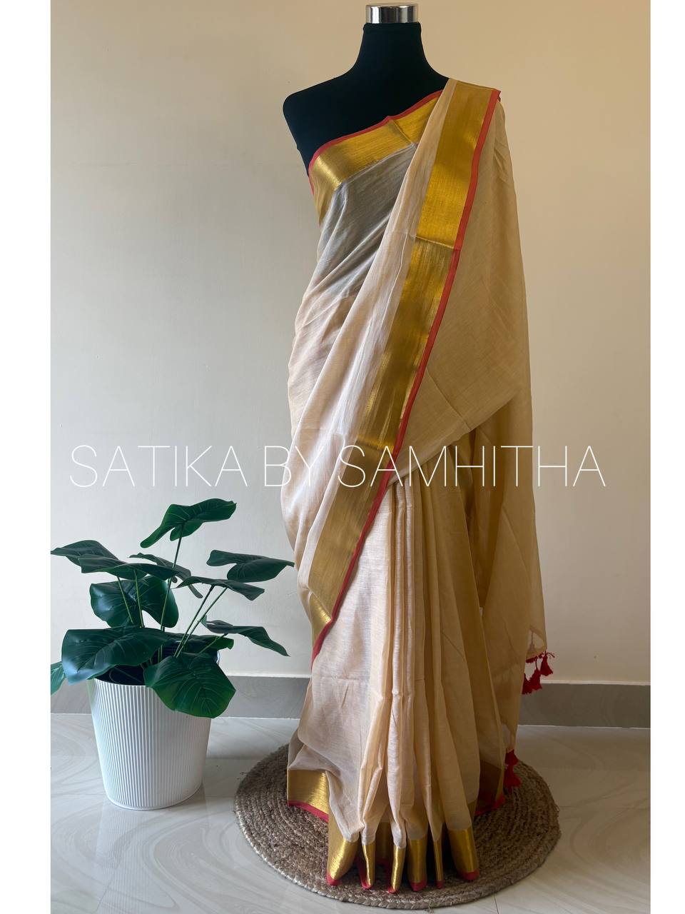 STSC07 - Manju warrier inspired 120 count premium Mulcotton saree, Sandal shade with red and golden jeri border, Pre booking open now, dispatch within 10 working days