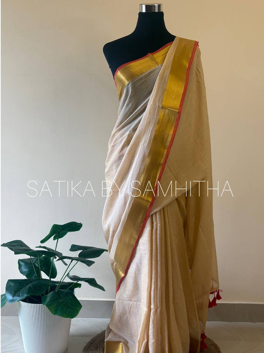 STSC07 - Manju warrier inspired 120 count premium Mulcotton saree, Sandal shade with red and golden jeri border