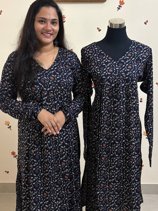 SC3020 - Aliya cut semi slitted chudi sleeve kurtis, Premium Rayon Fabric, Midnight Blue shade