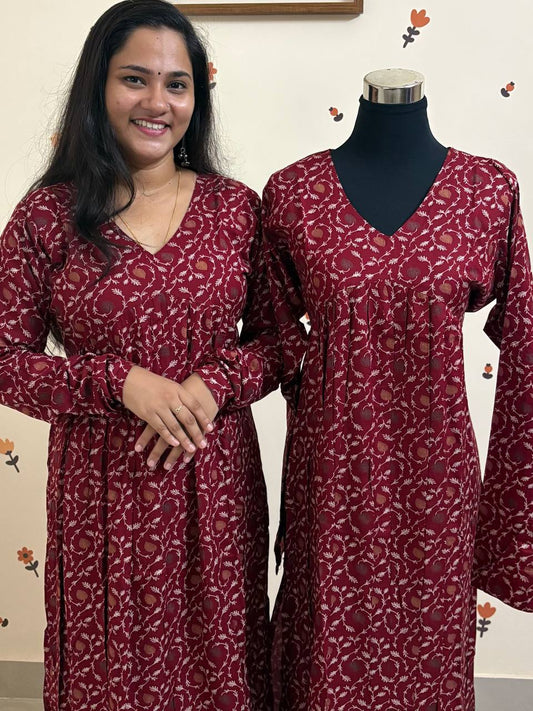 SC3025 - Aliya cut semi slitted chudi sleeve kurtis, Premium Rayon Fabric, Reddish Maroon shade