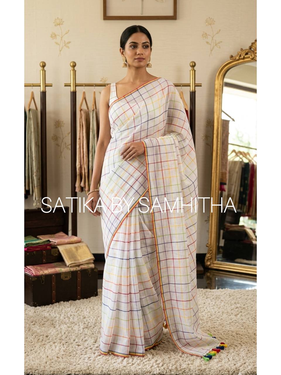 STSC06 - Navya Nair Inspired inspired 120 count premium Mulcotton saree, Off-white shade with multicoloured checks all over the body, Pre booking open now, dispatch within 10 working days
