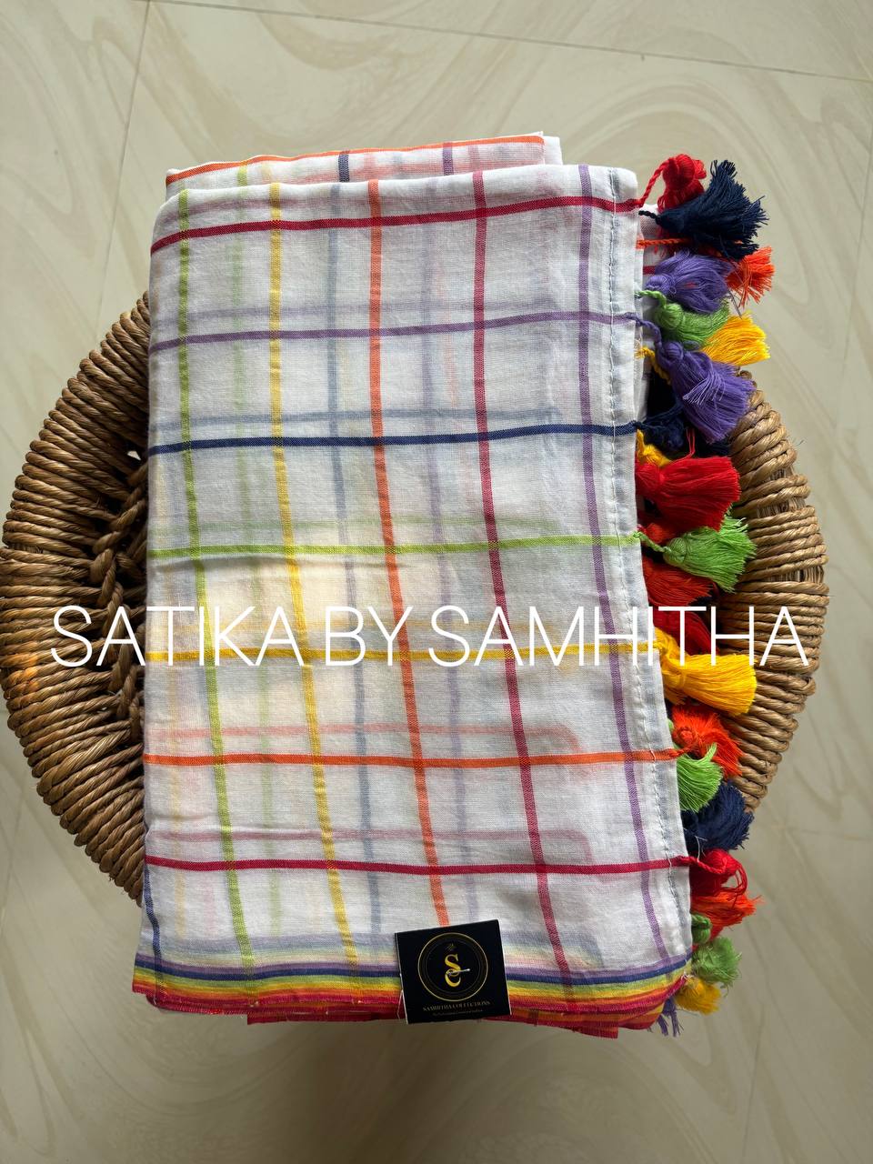 STSC06 - Navya Nair Inspired inspired 120 count premium Mulcotton saree, Off-white shade with multicoloured checks all over the body, Pre booking open now, dispatch within 10 working days
