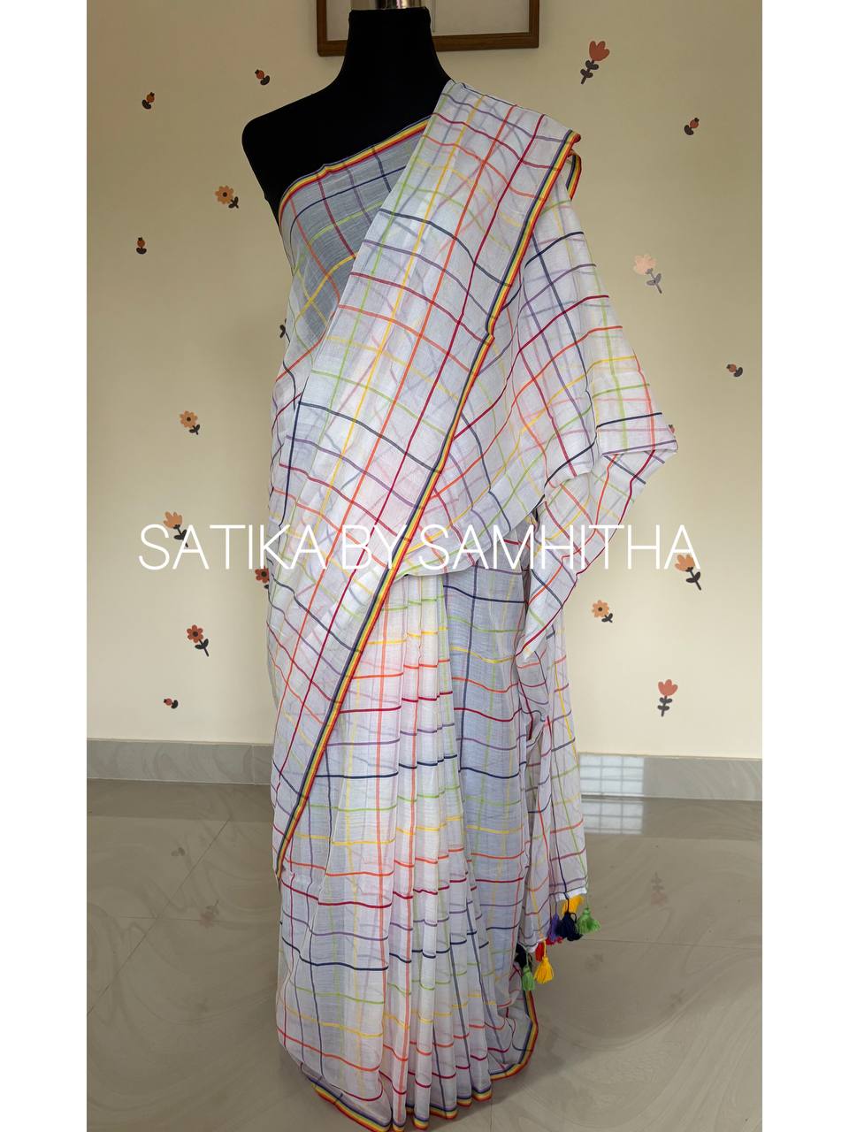 STSC06 - Navya Nair Inspired inspired 120 count premium Mulcotton saree, Off-white shade with multicoloured checks all over the body, Pre booking open now, dispatch within 10 working days