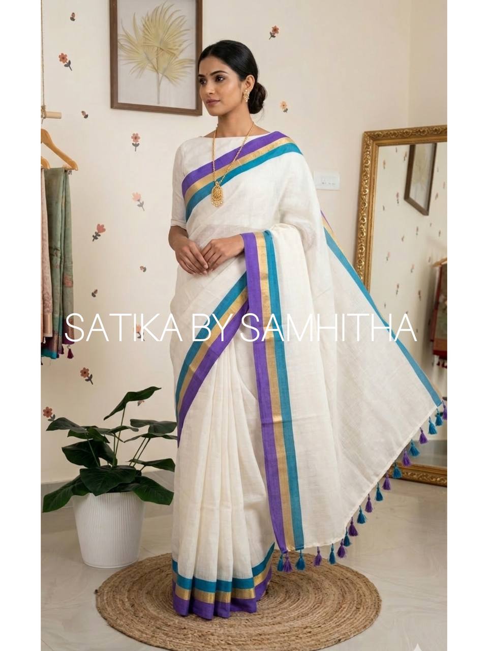 STSC09 - 120 count premium Mulcotton saree, Off-white shade with a striking multi-toned border in royal purple, teal, and gold zari, Pre booking open now, dispatch within 10 working days