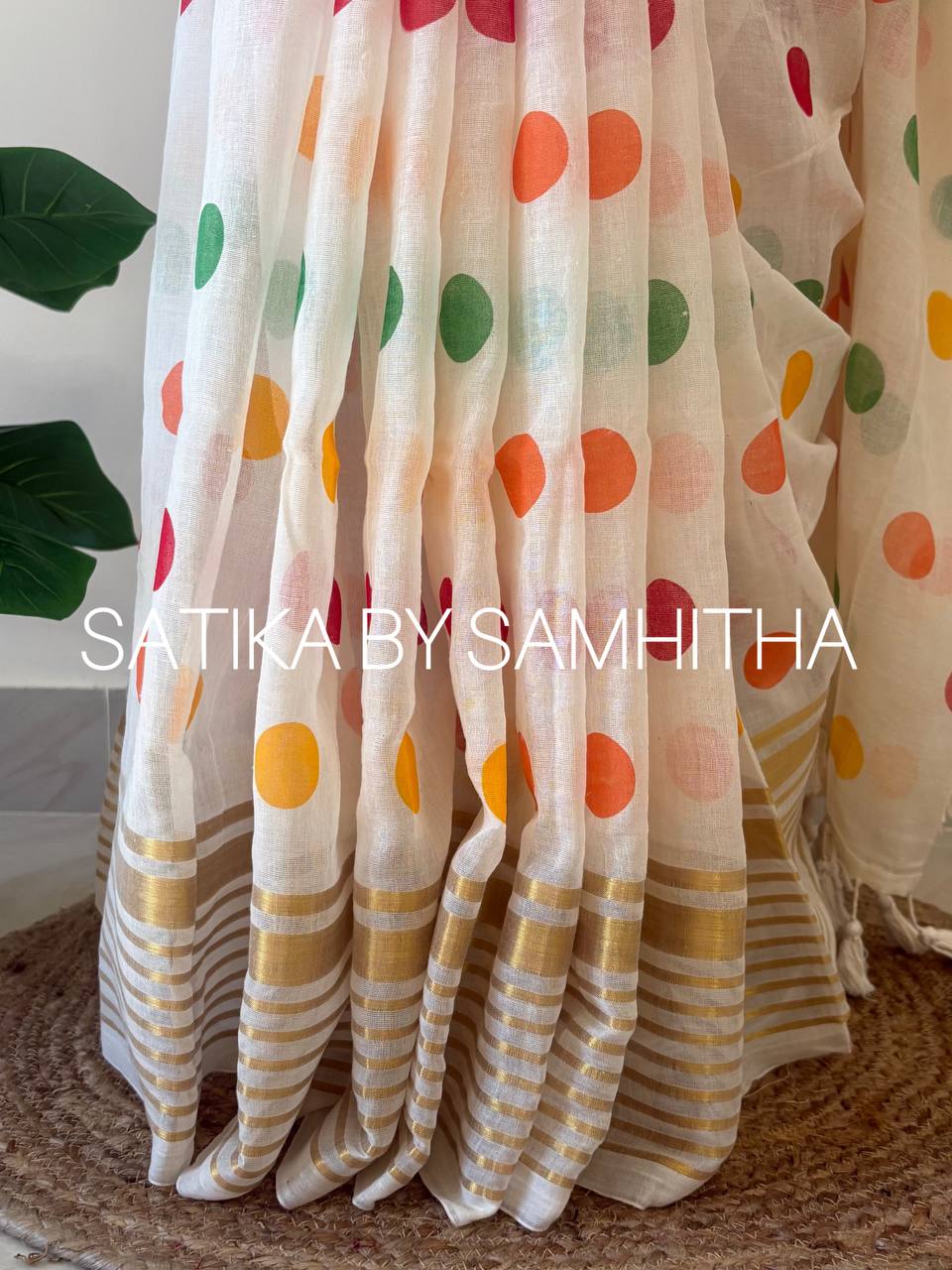 STSC11 - 120 count premium Mulcotton saree, A whimsical palette of orange, green, and red polka dots scattered across a pristine ivory backdrop, Pre booking open now, dispatch within 10 working days
