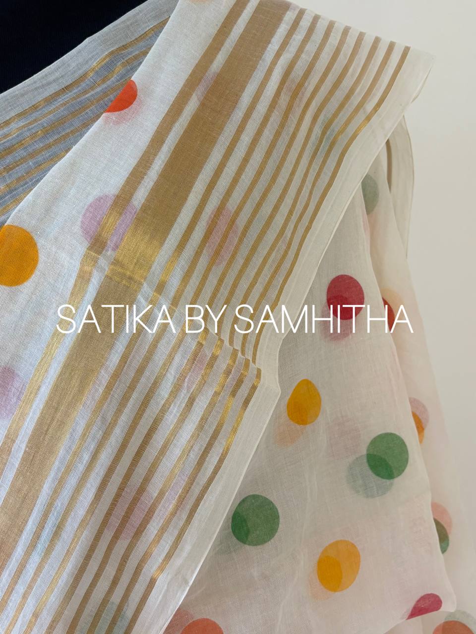 STSC11 - 120 count premium Mulcotton saree, A whimsical palette of orange, green, and red polka dots scattered across a pristine ivory backdrop, Pre booking open now, dispatch within 10 working days