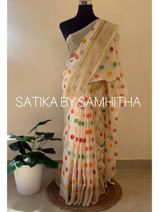 STSC11 - 120 count premium Mulcotton saree, A whimsical palette of orange, green, and red polka dots scattered across a pristine ivory backdrop, Pre booking open now, dispatch within 10 working days