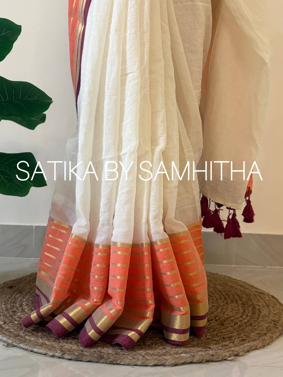 STSC12 - 120 count premium Mulcotton saree, vibrant orange and maroon-gold striped borders, Pre booking open now, dispatch within 10 working days
