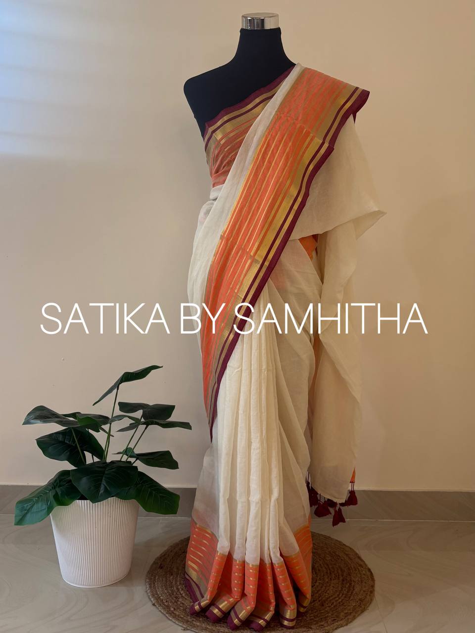 STSC12 - 120 count premium Mulcotton saree, vibrant orange and maroon-gold striped borders, Pre booking open now, dispatch within 10 working days