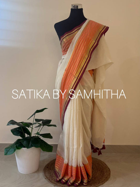 STSC12 - 120 count premium Mulcotton saree, vibrant orange and maroon-gold striped borders